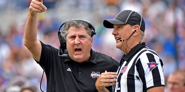 Mississippi State Bulldogs head coach Mike Leach reacts during the first half against the Memphis Tigers at Liberty Bowl Memorial Stadium.