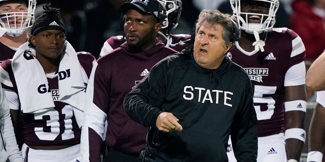 Mississippi State coach Mike Leach reacts to a replay on the stadium monitor during the second half of the team's NCAA college football game against Alabama in Starkville, Miss., Saturday, Oct. 16, 2021. Alabama won 49-9.