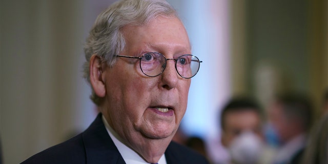 Senate Minority Leader Mitch McConnell, R-Ky., speaks to reporters after a Republican policy meeting at the Capitol in Washington, D.C., Oct. 5, 2021. 