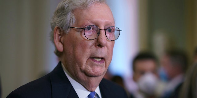 Senate Minority Leader Mitch McConnell, R-Ky., speaks to reporters after a Republican policy meeting at the Capitol in Washington, D.C., Oct. 5, 2021. 