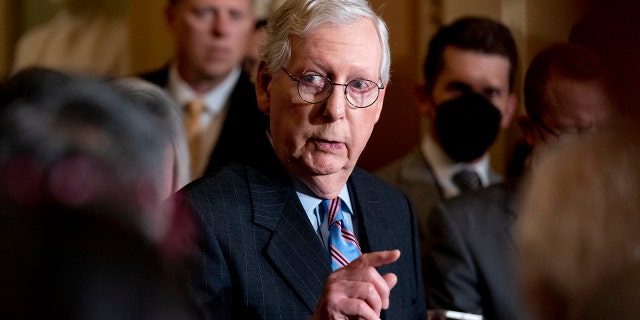 Senate Minority Leader Mitch McConnell, R-Ky., speaks to reporters after a Republican strategy meeting at the Capitol in Washington, Tuesday, Oct. 19, 2021.  