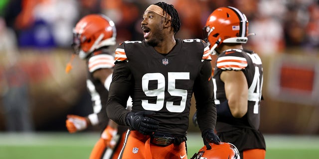 Defensive end Myles Garrett (95) of the Cleveland Browns reacts to a first-half play against the Denver Broncos at FirstEnergy Stadium on Oct. 21, 2021, in Cleveland, Ohio.
