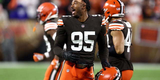 Defensive end Myles Garrett (95) of the Cleveland Browns reacts to a first-half play against the Denver Broncos at FirstEnergy Stadium on Oct. 21, 2021, in Cleveland, Ohio.