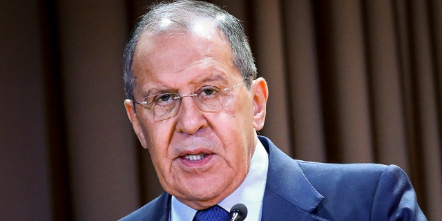 Russian Foreign Minister Sergey Lavrov speaks on the side of the meeting dedicated to the 25th anniversary of the House of Russian Diaspora named after Alexander Solzhenitsyn in Moscow, Russia on Monday.