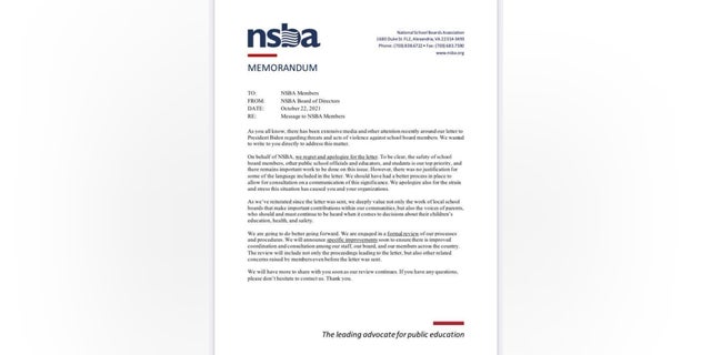 National School Boards Association apology regarding letter it sent to the Biden White House.