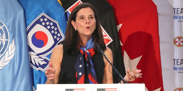 In this August 1, 2017 file photo, Lisa Baird, then US Olympic Committee Marketing Director, talks about Team USA WinterFest for the upcoming Pyeongchang 2018 Winter Olympics at Yongsan Garrison, a US military base in Seoul , in South Korea.  National Women's Football League commissioner Lisa Baird is absent after about 19 months on the job amid allegations that a former coach engaged in sexual harassment and misconduct towards female players, told the Associated Press someone with knowledge of the situation.  The person spoke to the AP on condition of anonymity because the move on Friday, October 1, 2021 had not been made public.  (AP Photo / Lee Jin-man, File)