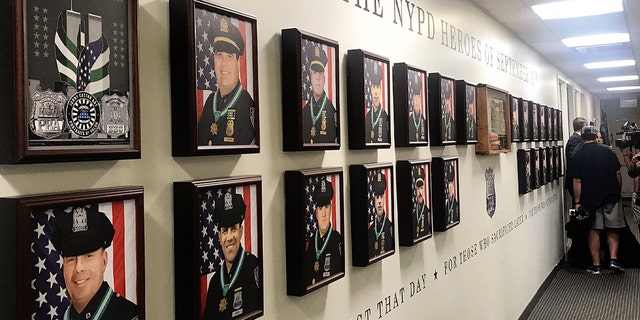 The 9/11 memorial wall, "23 Remembered," situated inside the Police Benevolent Association of the City of New York's Manhattan headquarters. 