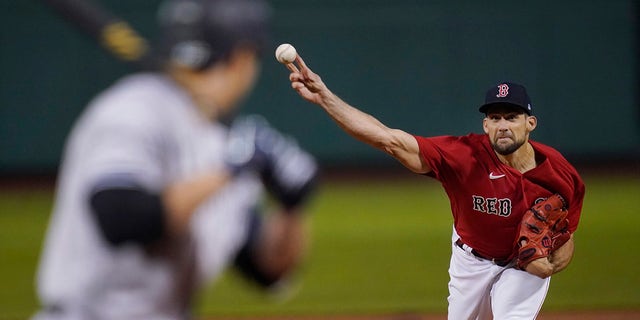 Boston Red Sox starting pitcher Nathan Eovaldi delivers to the New York Yankees in the first inning of the American League Wild Card playoff game at Fenway Park on Tuesday, October 5, 2021 in Boston.