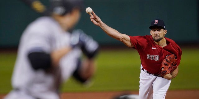 Boston Red Sox starting pitcher Nathan Eovaldi delivers to the New York Yankees in the first inning of the American League Wild Card playoff game at Fenway Park, Tuesday Oct. 5, 2021 in Boston.