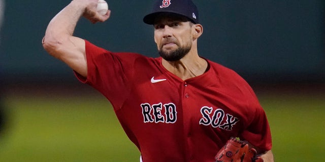 Boston Red Sox starting pitcher Nathan Eovaldi delivers to the New York Yankees in the first inning of the American League Wild Card playoff game at Fenway Park on Tuesday, October 5, 2021 in Boston.