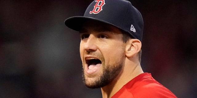 Boston Red Sox pitcher Nathan Eovaldi reacts in the bottom of the fifth inning against the Tampa Bay Rays during Game 3 of an American League Division Series on October 10, 2021 in Boston.