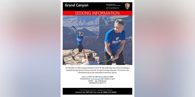 The Grand Canyon National Park posted this information on Facebook, looking to identify a man who hit a baseball into the Grand Canyon.