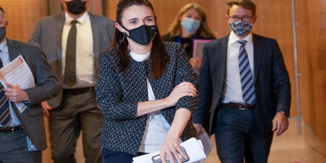 New Zealand Prime Minister Jacinda Ardern arrives with director general of health Dr. Ashley Bloomfield, right, for a press conference at Parliament in Wellington, New Zealand, on Monday. (AP)