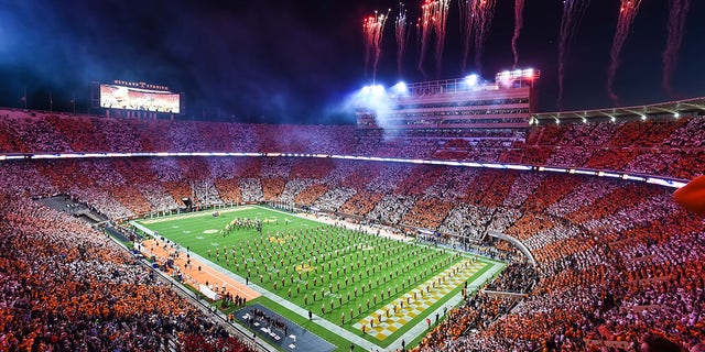 Oct 16, 2021; Knoxville, Tennessee, USA; Fireworks burst as the National Anthem is played before a sold out crowd for a game between the Tennessee Volunteers and Mississippi Rebels at Neyland Stadium.