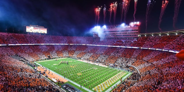 Oct 16, 2021; Knoxville, Tennessee, USA; Fireworks burst as the National Anthem is played before a sold out crowd for a game between the Tennessee Volunteers and Mississippi Rebels at Neyland Stadium.