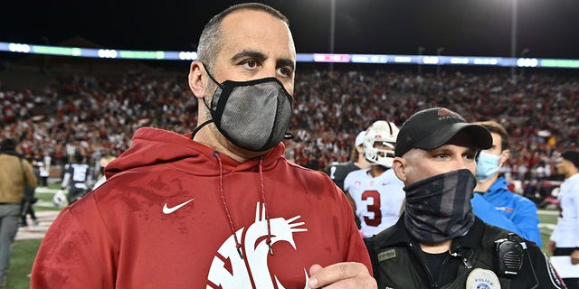 Washington State Cougars head coach Nick Rolovich celebrates after a game against the Stanford Cardinal at Gesa Field at Martin Stadium. The Cougars won 34-31.