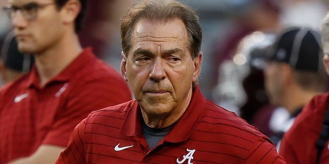 Head coach Nick Saban of the Alabama Crimson Tide during warm ups before playing the Texas A&amp;M Aggies  at Kyle Field on October 09, 2021 in College Station, Texas.