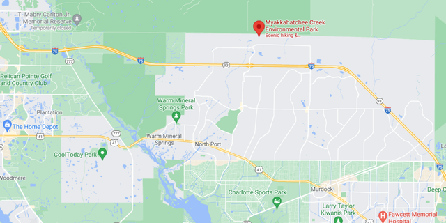 A map showing the location of the Myakkahatchee Creek Environmental Park in relation to North Port, Fla., where Brian Laundrie's family lives. A map showing the location of the Myakkahatchee Creek Environmental Park in relation to North Port, Fla., where Brian Laundrie's family lives.