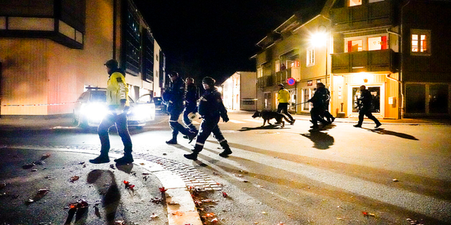 Police walk at the scene after an attack in Kongsberg, Norway, Wednesday, Oct. 13, 2021.