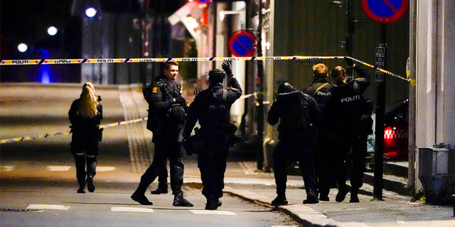 Police at the scene after an attack in Kongsberg, Norway, Wednesday, Oct. 13, 2021. 