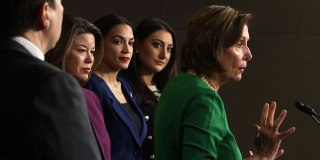 WASHINGTON, DC - JUNE 16: U.S. Speaker of the House Rep. Nancy Pelosi (D-CA) (R) speaks as (L-R) Rep. Gwen Moore (D-WI), Rep. Angie Craig (D-MN), Rep. Alexandria Ocasio-Cortez (D-NY), and Rep. Sara Jacobs (D-CA) listen during a news conference at the U.S. Capitol June 16, 2021 in Washington, DC. Speaker Pelosi held a news conference to announce members of the newly established Select Committee on Economic Disparity and Fairness in Growth. 