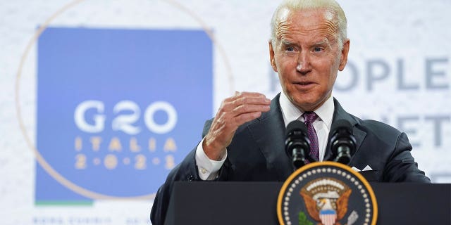 U.S President Joe Biden speaks during a press conference in the G20 leaders' summit in Rome, Italy October 31, 2021. REUTERS/Kevin Lamarque