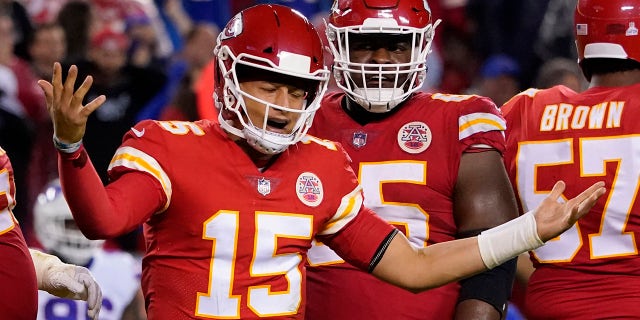 Kansas City Chiefs quarterback Patrick Mahomes reacts during the second half of an NFL football game against the Buffalo Bills Sunday, Oct. 10, 2021, in Kansas City, Mo.