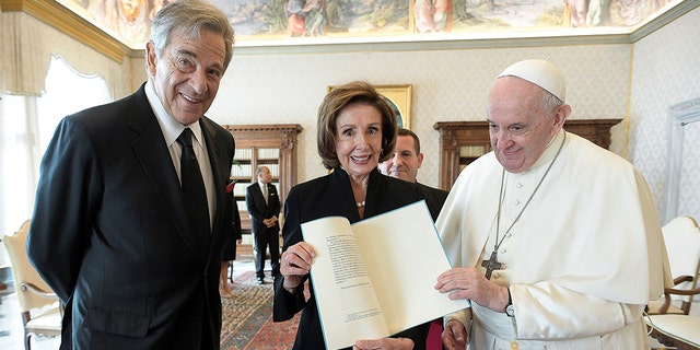 US House Speaker Nancy Pelosi and her husband Paul Pelosi meet with Pope Francis in the Vatican on October 9, 2021. 