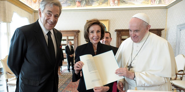 U.S. Speaker of the House Nancy Pelosi and her husband Paul Pelosi meet with Pope Francis at the Vatican Oct. 9, 2021.