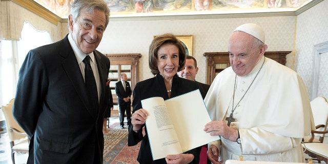 U.S. Speaker of the House Nancy Pelosi and her husband Paul Pelosi meet with Pope Francis at the Vatican, Oct. 9, 2021. 