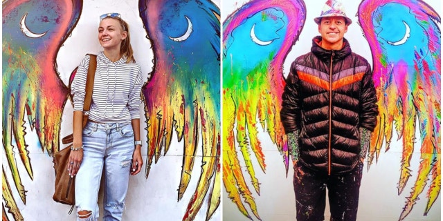 Gabby Petito and Diego Jaguart pose before Jaguart's mural in Colorado Springs