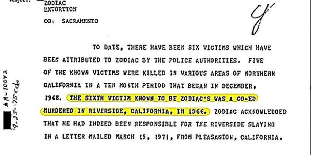 Los Case Breakers citan un memorando del FBI de 1975 que decía que Cheri Jo Bates era la sexta víctima del Zodiac. 