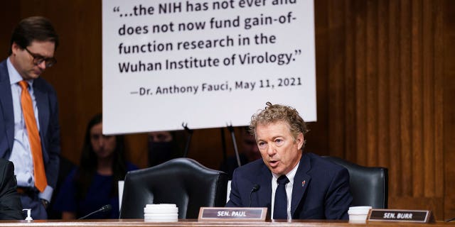 Sen. Rand Paul (R-KY) questions top infectious disease expert Dr. Anthony Fauci during a Senate Health, Education, Labor, and Pensions Committee hearing on Capitol hill in Washington, D.C., U.S., July 20, 2021. J. Scott Applewhite/Pool via REUTERS