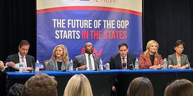 Former Puerto Rico Gov. Luis Fortuño, Sen. Marsha Blackburn, R-Tenn.; Sen. Tim Scott, R-S.C.; Marco Rubio, R-Fla.; Rep. Ashley Hinson, R-Iowa, and Rep. Young Kim, R-Calif., speak at an event for the Republican State Leadership Committee on Wednesday, Oct. 20, 2021. (Tyler Olson/Fox News)