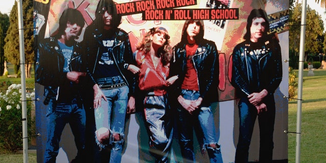 A poster of The Ramones on display at the Punk Rock Screenings of the Ramones Live Concert Film 'It's Alive' and the feature film ‘Rock ‘n’ Roll High School’ at the Hollywood Forever Cemetery July 3, 2006 in Hollywood, Calif.