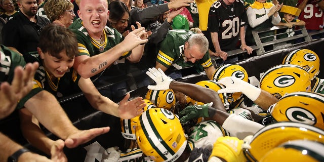 GLENDALE, ARIZONA - OCTOBER 28: Rasul Douglas #29 of the Green Bay Packers is congratulated by teammates and fans following an interception during the fourth quarter of a game against the Arizona Cardinals at State Farm Stadium on October 28, 2021 in Glendale, Arizona. The Packers defeated the Cardinals 24-21.