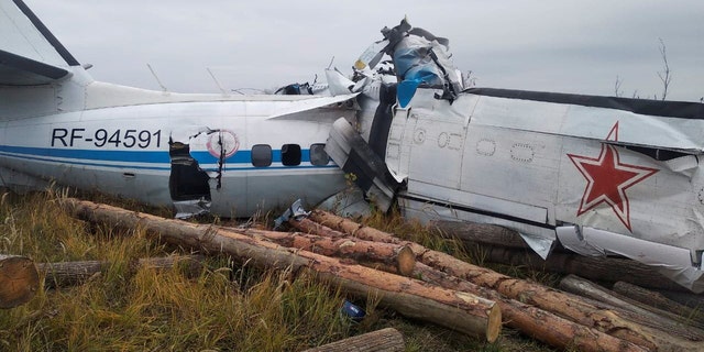 The wreckage of the L-410 plane is seen at the crash site near the town of Menzelinsk in the Republic of Tatarstan, Russia October 10, 2021. Russia's Emergencies Ministry/Handout via REUTERS