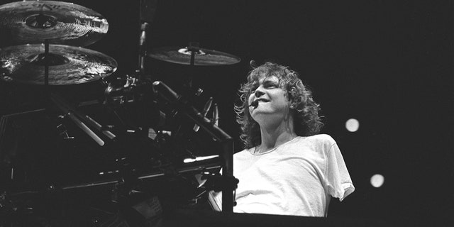 Drummer Rick Allen performing on stage during a live concert appearance with Def Leppard on October 11, 1987