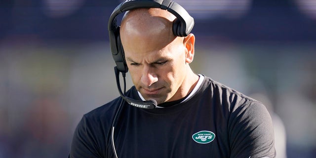 New York Jets head coach Robert Saleh walks the sidelines during the second half of an NFL football game against the New England Patriots, Sunday, Oct. 24, 2021, in Foxborough, Mass.