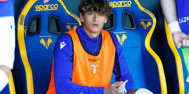 Lazio's Italian midfielder Romano Floriani Mussolini,18, warms up before the Serie A soccer match between Hellas Verona and Lazio Rome at Bentegodi stadium in Verona on Oct. 24, 2021.