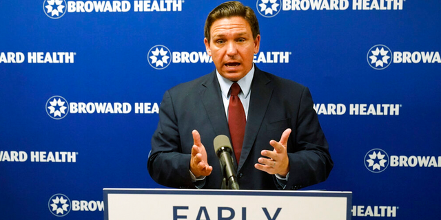 Florida Gov. Ron DeSantis speaks at a news conference, Thursday, Sept. 16, 2021, at the Broward Health Medical Center in Fort Lauderdale, Fla. The state of Florida is suing the Biden administration over its coronavirus vaccine mandate for federal contractors. The lawsuit was announced Thursday, Oct. 28, 2021 by Gov. DeSantis and opened yet another battleground between the Republican governor and the White House. 