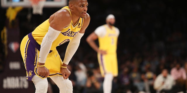 Los Angeles Lakers guard Russell Westbrook (0) during the game against the Golden State Warriors Oct. 12, 2021 at Staples Center in Los Angeles, California. The Warriors won, 111-99.