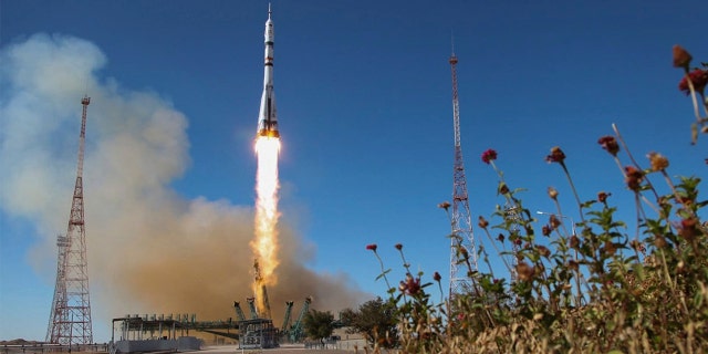 The Soyuz-2.1, a rocket booster with Soyuz MS-19 spaceship carrying actress Yulia Peresild, film director Klim Shipenko and cosmonaut Anton Shkaplerov to the International Space Station, ISS, blasts off at the Russian leased Baikonur cosmodrome, Kazakhstan, Tuesday, Oct. 5, 2021.