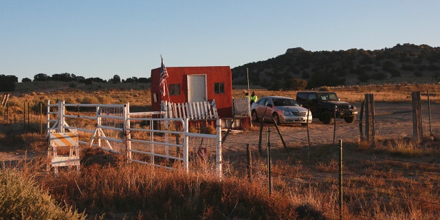 The entrance to the film set where police say Baldwin fired a prop gun, killing Hutchins.