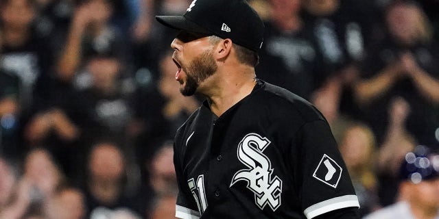 Ryan Tepera of the Chicago White Sox reacts in the fifth inning during Game 3 of the ALDS between the Houston Astros and the Chicago White Sox at Guaranteed Rate Field on Sunday, Oct. 10, 2021, in Chicago, Illinois.