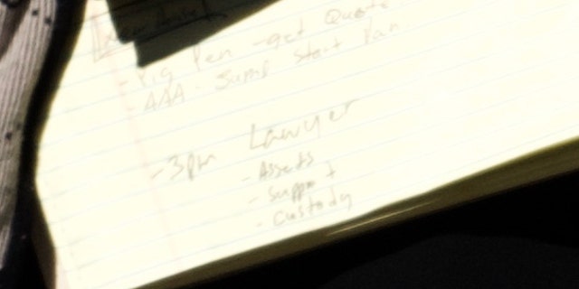 Spelling's notes listed a 3 p.m. meeting with a lawyer where 'assets,' 'support' and 'custody' were seemingly points of discussion.