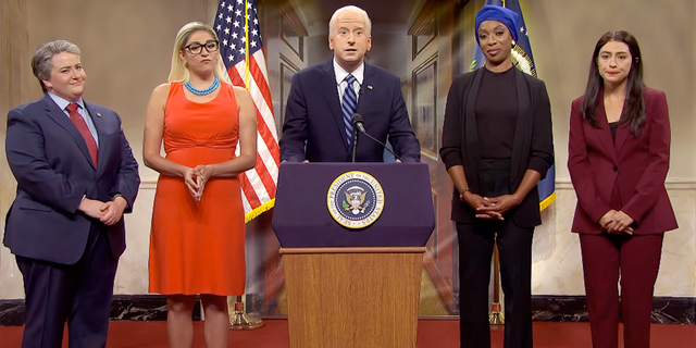 President Joe Biden (center played by James Austin Johnson) during the cold open on "SNL."