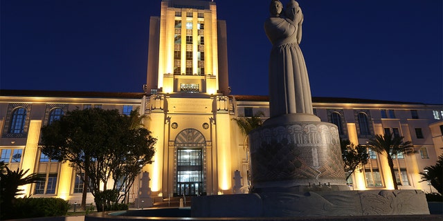 The San Diego City Administration Building is pictured with a new park on Thursday, June 12, 2014 in Downtown San Diego, CA. The City Admin Building features a new park out fron that features fountains, green space and a children's playground area. (Photo by Sandy Huffaker/Corbis via Getty Images)