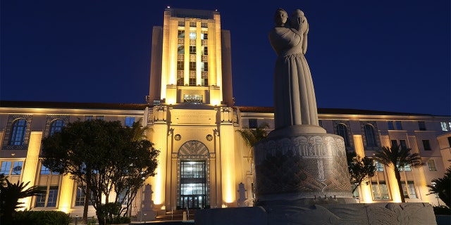 The San Diego City Administration Building is pictured with a new park on Thursday, June 12, 2014 in Downtown San Diego, CA. The City Admin Building features a new park out fron that features fountains, green space and a children's playground area. (Photo by Sandy Huffaker/Corbis via Getty Images)