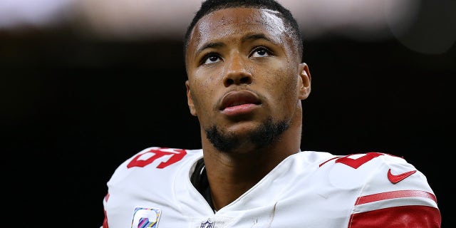 Saquon Barkley of the New York Giants warms up before a game against the New Orleans Saints at the Caesars Superdome Oct. 03, 2021 in New Orleans, La.